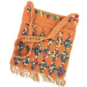 Vintage Candy Dot Orange Multi Beaded Geometric Fringe Shoulder Bag Purse *Zip